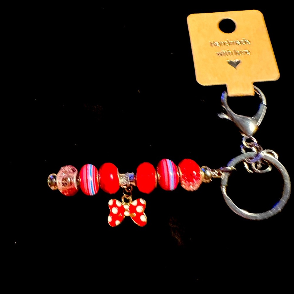 Handmade Red Pandora Like Purse Key Chain with Minnie Mouse Bow Charm